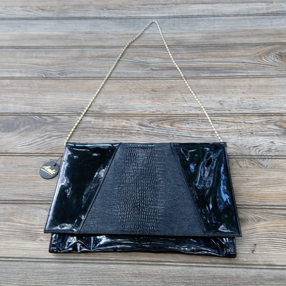 Vintage Ande Shiny Black Chain Strap Reptile Clutch Purse